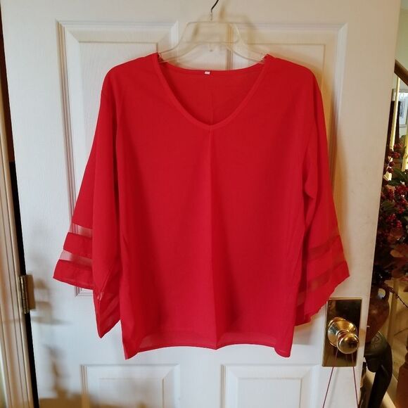 RED COTTON TOP W/ SEE THRU SLEEVES - Picture 1 of 4